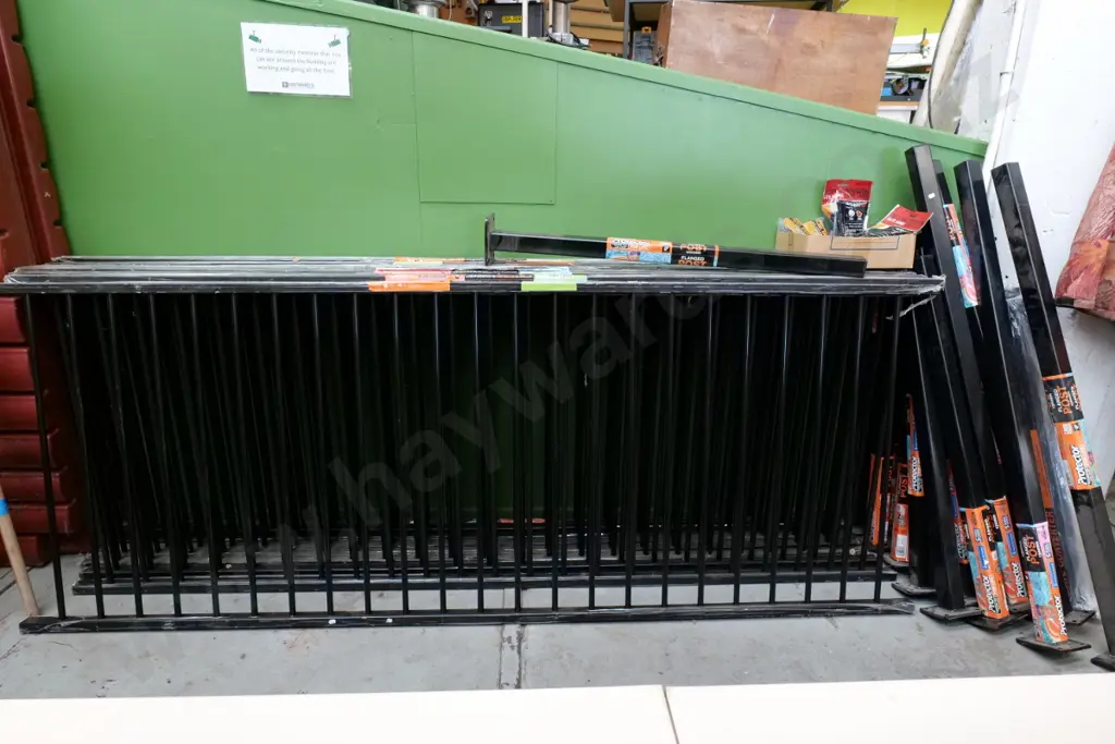 as-new 9 sections of boundary and garden fencing Each section is H-910 W-2400. 4x flange posts H-1320. 10x flange posts Image 1++