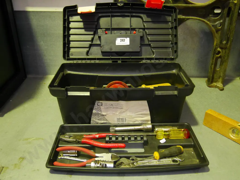 tool box and contents; egg beater drill, mallet etc Image 1++