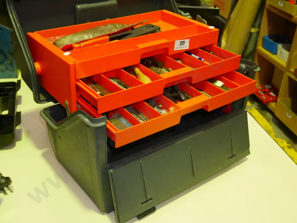 tool box and contents; ppt riveter, engineer's punches, padlocks, cold chisels etc Image 1++