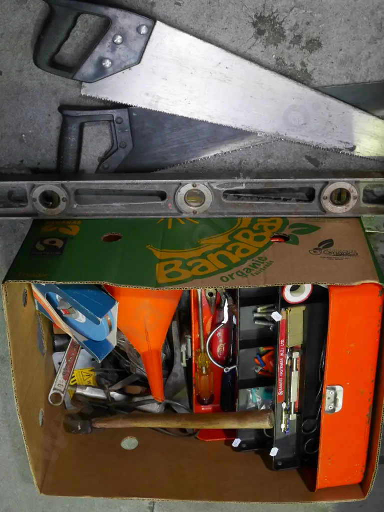 box; hand saws, builder's level, hatchet, hand plane, builder's tape, adjustable crescent etc Image 1++