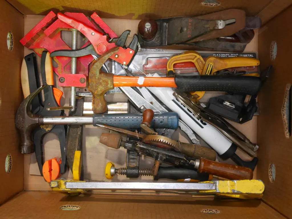 box; hand plane, framer's clamp, hammers, vice grips etc Image 1++