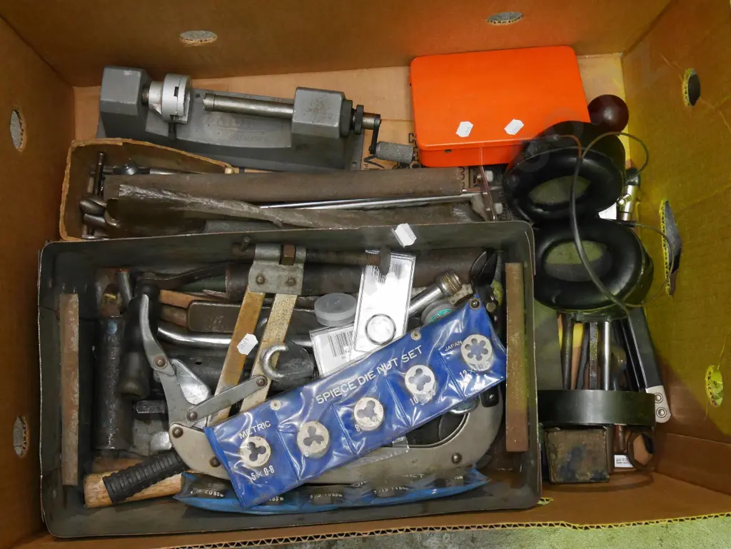 box; Peltor ear muffs, tap and die sets, torque wrench etc Image 1++