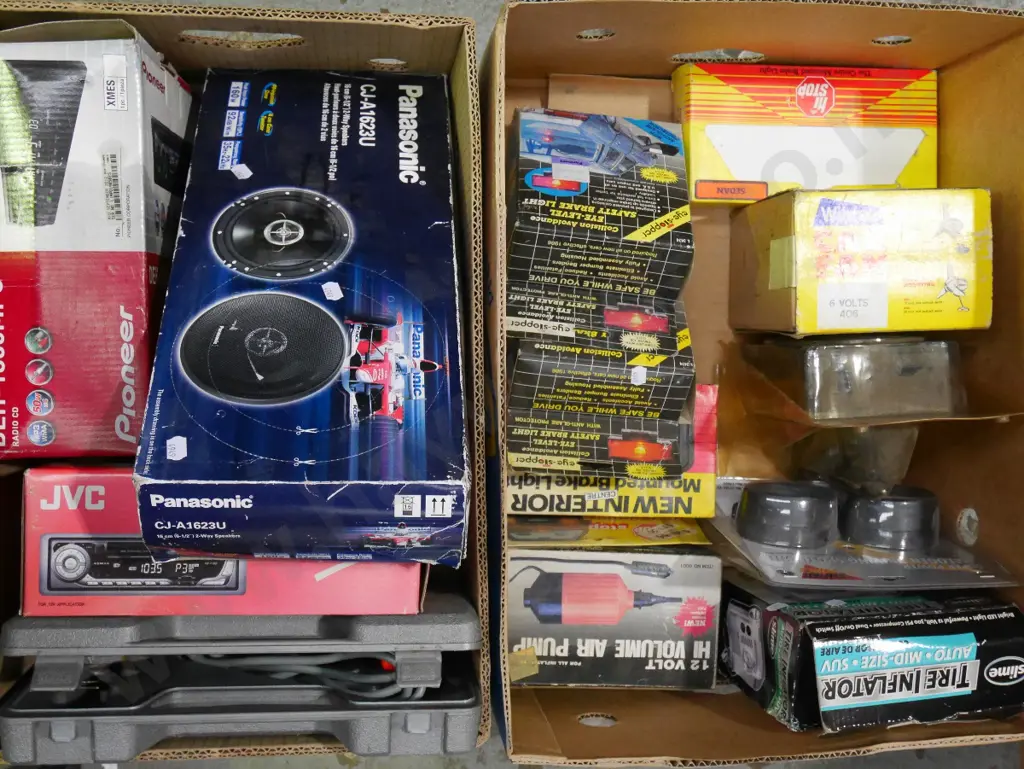 2 boxes of automotive allsorts; spotlights, brake lights, car stereos, soldering iron etc -yellow dots Image 1++