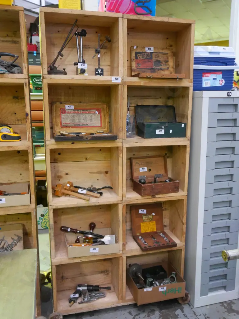 home made double sided shelf unit on wooden casters made from Dairy Board butter boxes H-1710 W-820 D-430 Image 1++