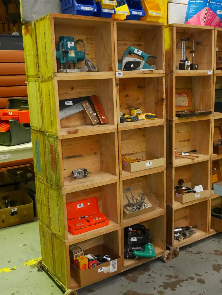 home made double sided shelf unit on wooden casters made from Dairy Board butter boxes H-1710 W-820 D-430 Image 1++