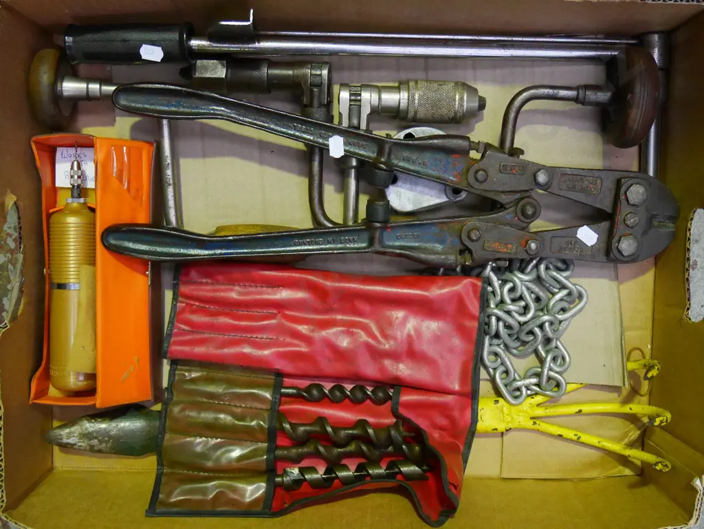 box; auger bits, chain, bolt cutters etc Image 1++