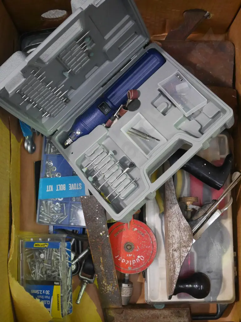 box; plane, wire strippers, small cased roto-matic tool etc Image 1++