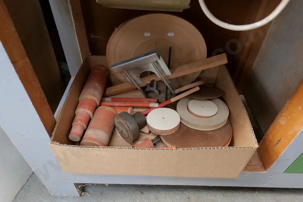 Myford woodworker's lathe on homemade cabinet with 1 box of various chucks and drill bits, box of sanding accessories Image 1++