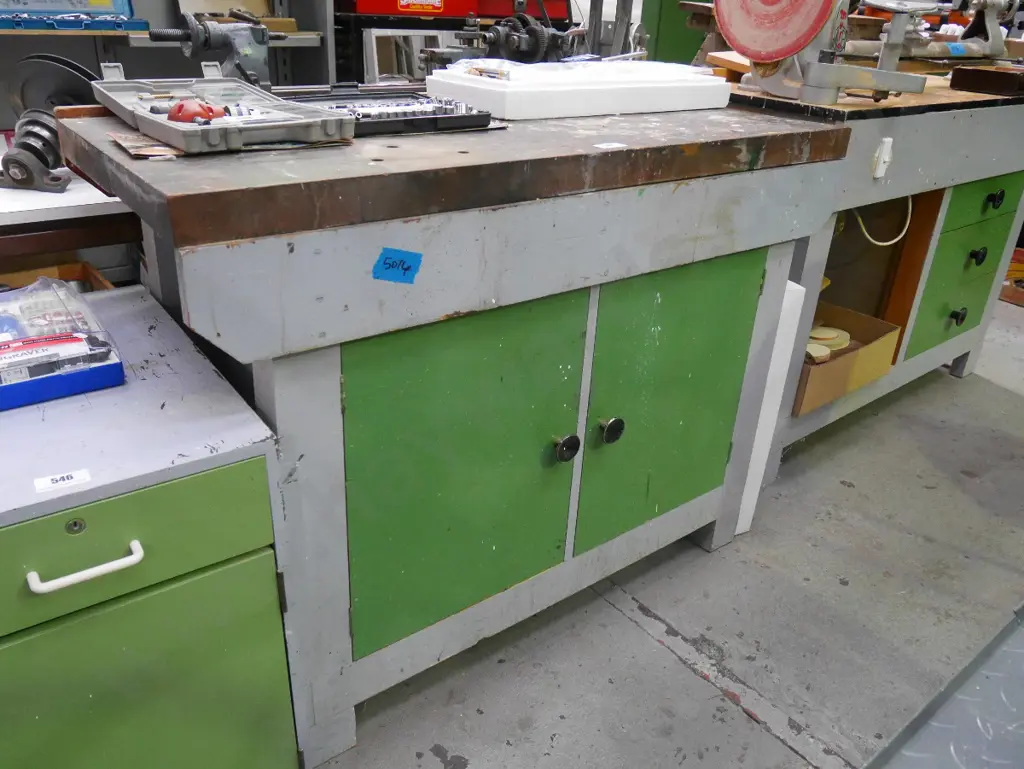 homemade wooden workshop bench with hard wood top and 2 cupboard doors Image 1++