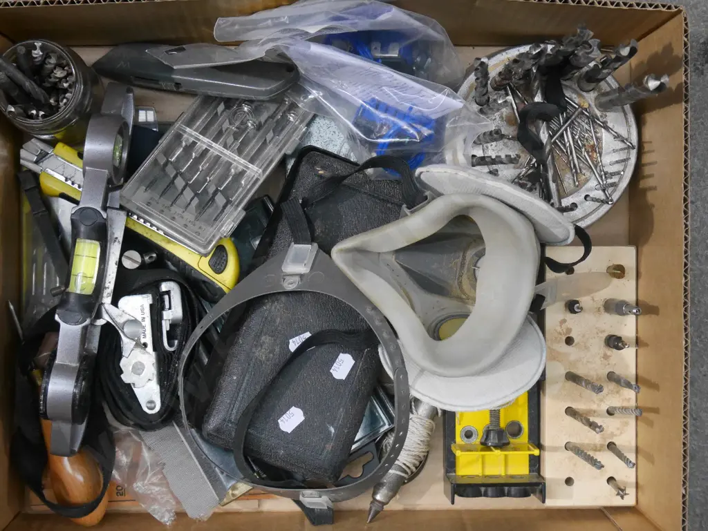 box; drill bits, levels, technical drawing kits, dust mask etc Image 1++