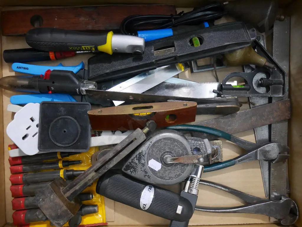 box; builder's squares, levels, miniature blow torch etc Image 1++