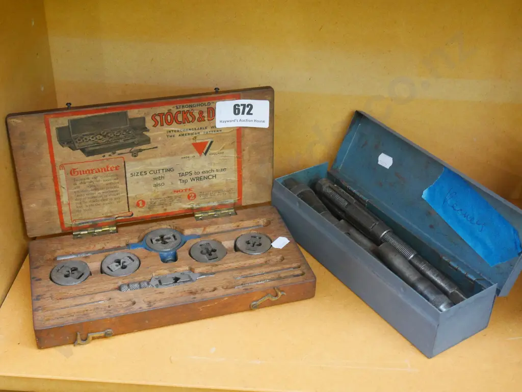 boxed reamers, wood cased tap and die set Image 1++