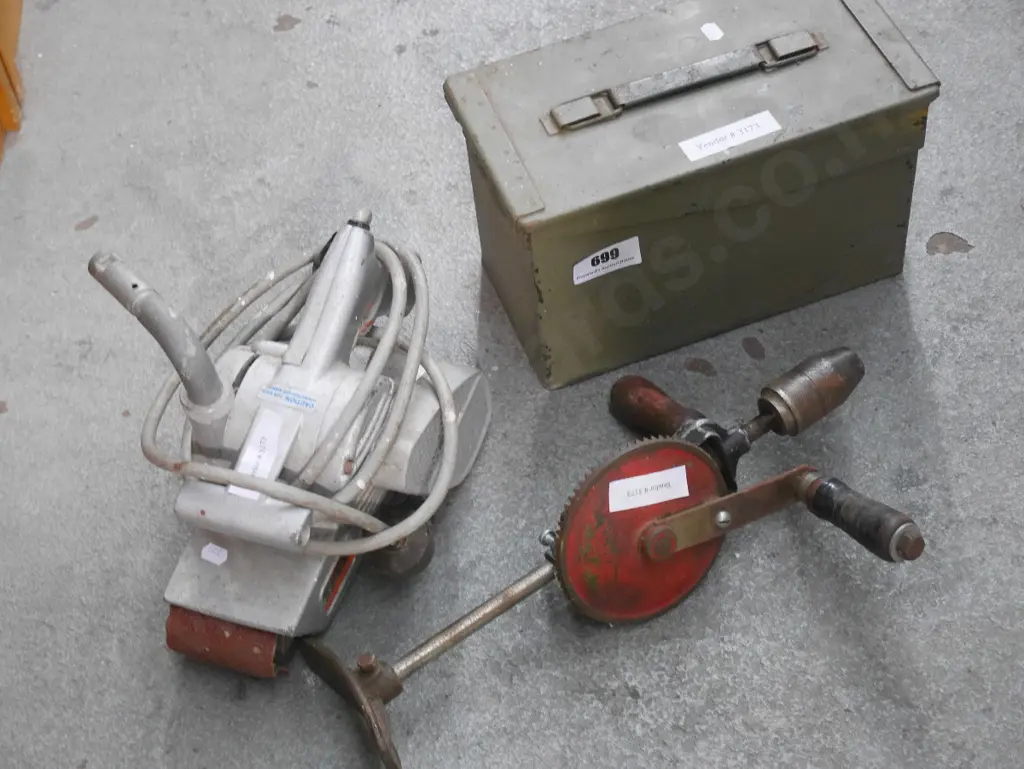vintage belt sander, egg beater drill, ammunition case Image 1++