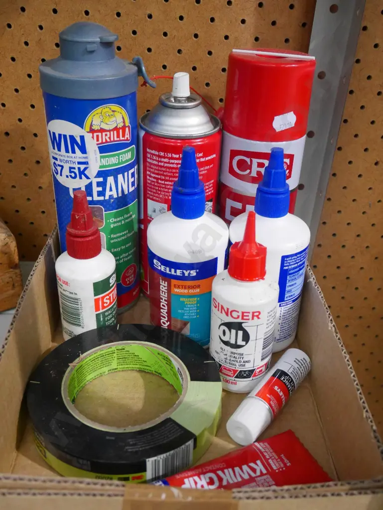 box of various glues, painters tape etc Image 1++