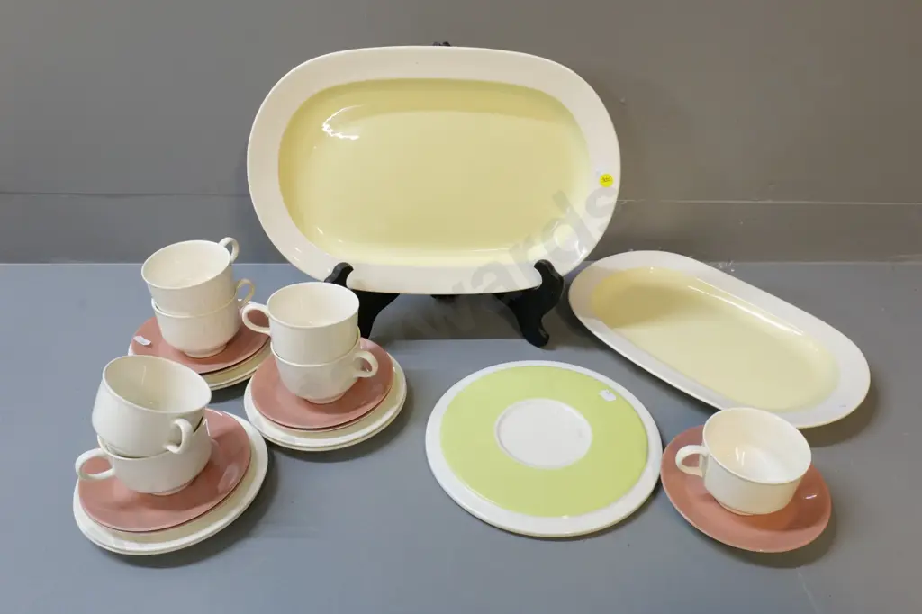 mid-century Spode Meadow Glory tableware - ashetts, larger is L380, 6 trios, cup & saucer - and an Arabia pot stand Image 1++