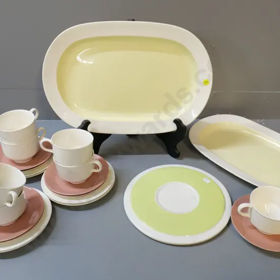 mid-century Spode Meadow Glory tableware - ashetts, larger is L380, 6 trios, cup & saucer - and an Arabia pot stand