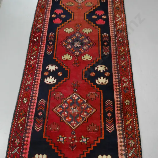 Iranian hand-knotted wool floor rug - reds, black and grey - L2850 W1080