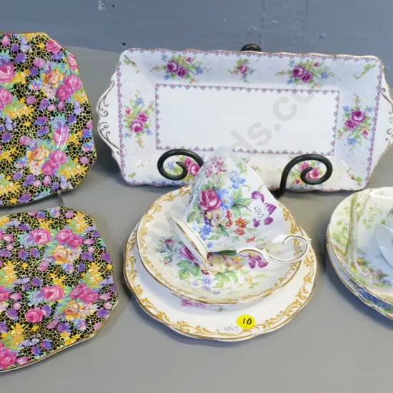 Royal Albert Nosegay trio, Shelley Woodland trio, Royal Albert sandwich tray, 2 Royal Winton AOF tea plates