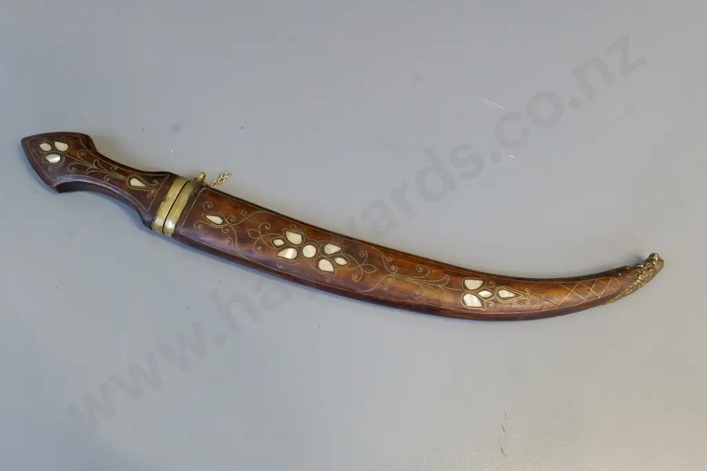 middle eastern knife in wood & brass scabbard with mother-of-pearl inlay and inscription on blade L-600 Image 1++
