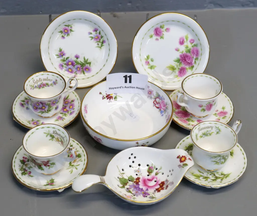 Royal Albert Flower of the month 2 miniature trios & 2 cups & saucers - and a Royal Crown Derby tea strainer & dish Image 1++