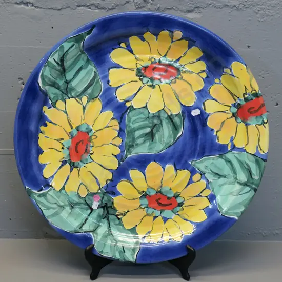 large Morris & James Matakana terracotta pottery sunflower pattern charger - small glaze fleck on edge D-490