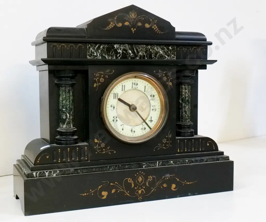 heavy marble cased mantel clock - black & mottled green columns and panel, ceramic dial H360 W415 D140 quartz movement Image 1++