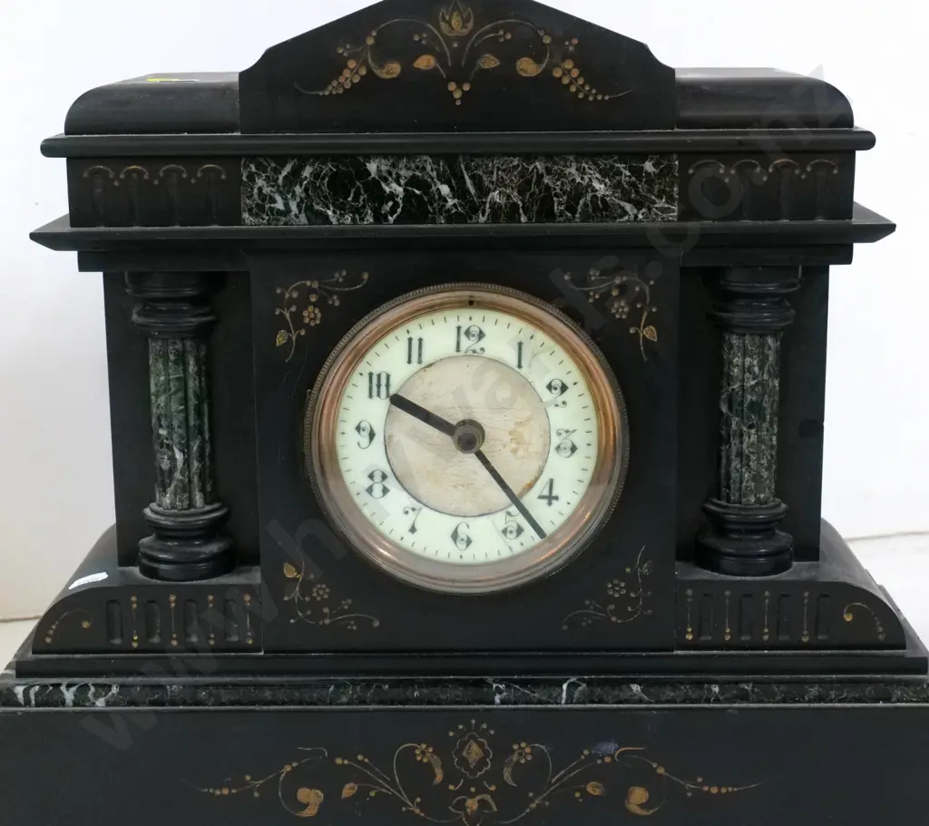 heavy marble cased mantel clock - black & mottled green columns and panel, ceramic dial H360 W415 D140 quartz movement Image 1++