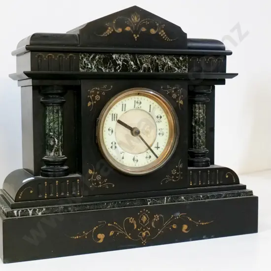 heavy marble cased mantel clock - black & mottled green columns and panel, ceramic dial H360 W415 D140 quartz movement