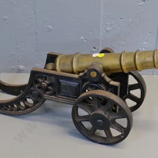 heavy cast brass model cannon on cast iron base - H-200 L-470 W-130