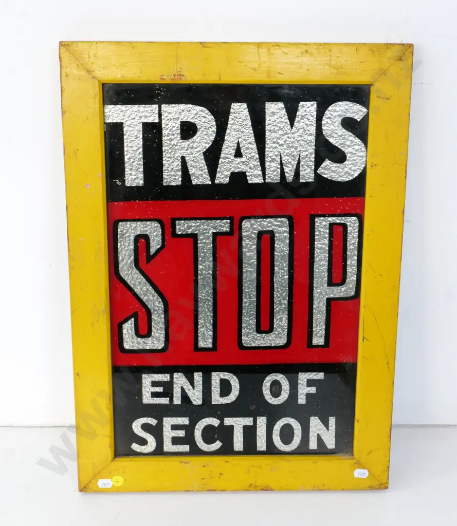 vintage timber framed glass Wellington tram sign with silver foil backing - Trams Stop - End of Section H535 W380 Image 1++