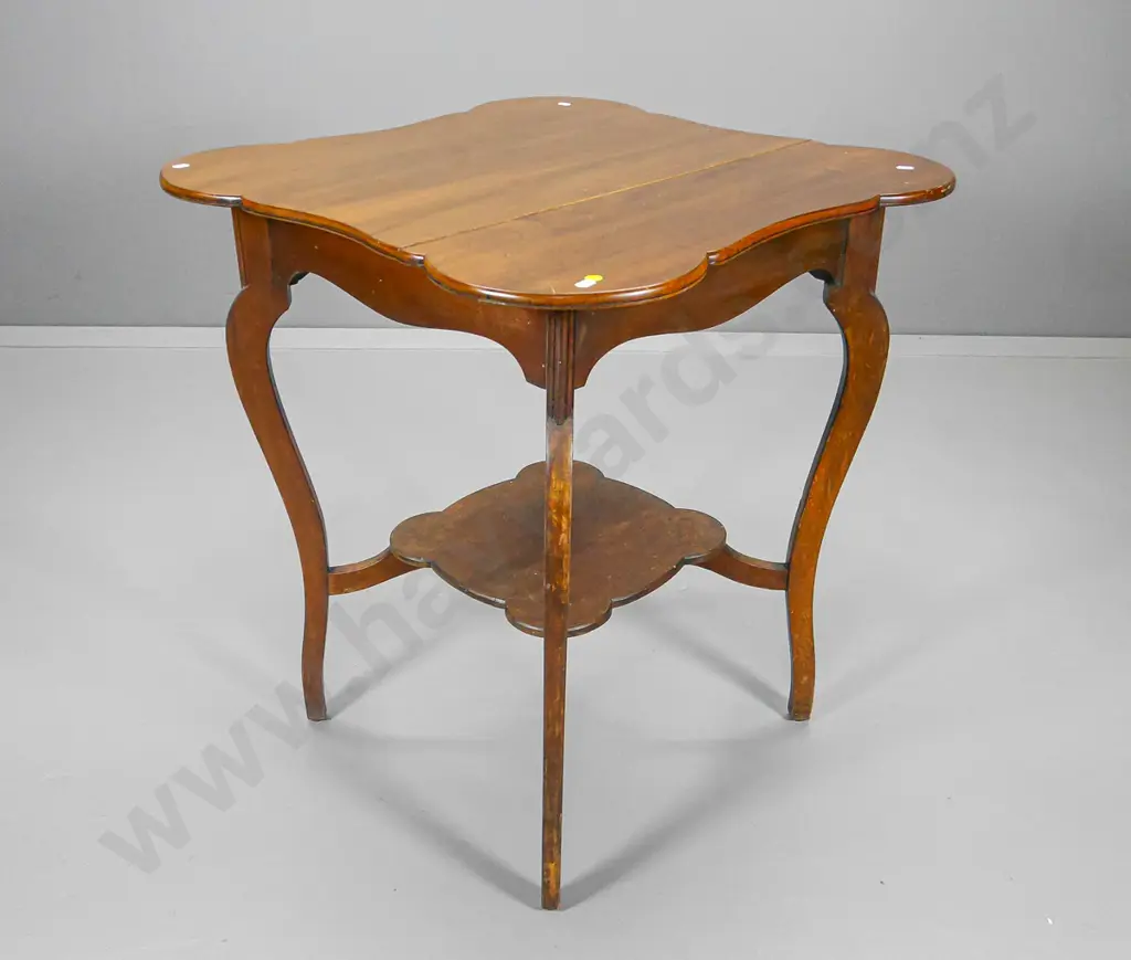 vintage kauri square occasional table with scalloped top and bottom shelf, separation of join on top H750 670x670 Image 1++