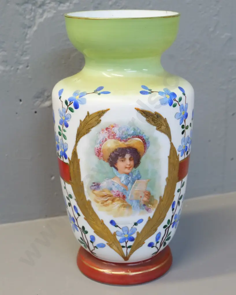 Victorian large hand-painted & gilt milk glass vase H300 D160 Image 1++
