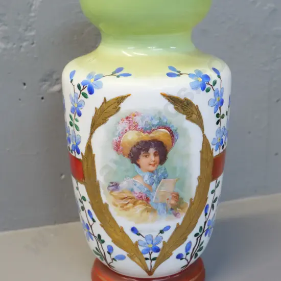 Victorian large hand-painted & gilt milk glass vase H300 D160