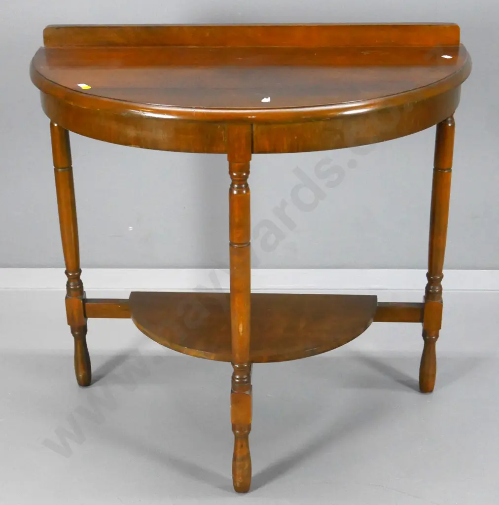 beech half-round hall table w/turned spindle legs, bottom shelf, marks to polish H-730 W-750 D-400 Image 1++