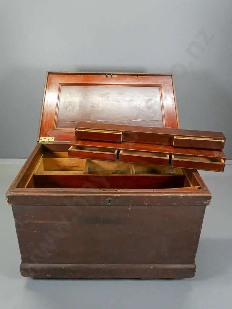 vintage heavy timber tradesman's chest w/internal trays, fitted drawers, some splitting, casters H690 W1010 D640 Image 1++