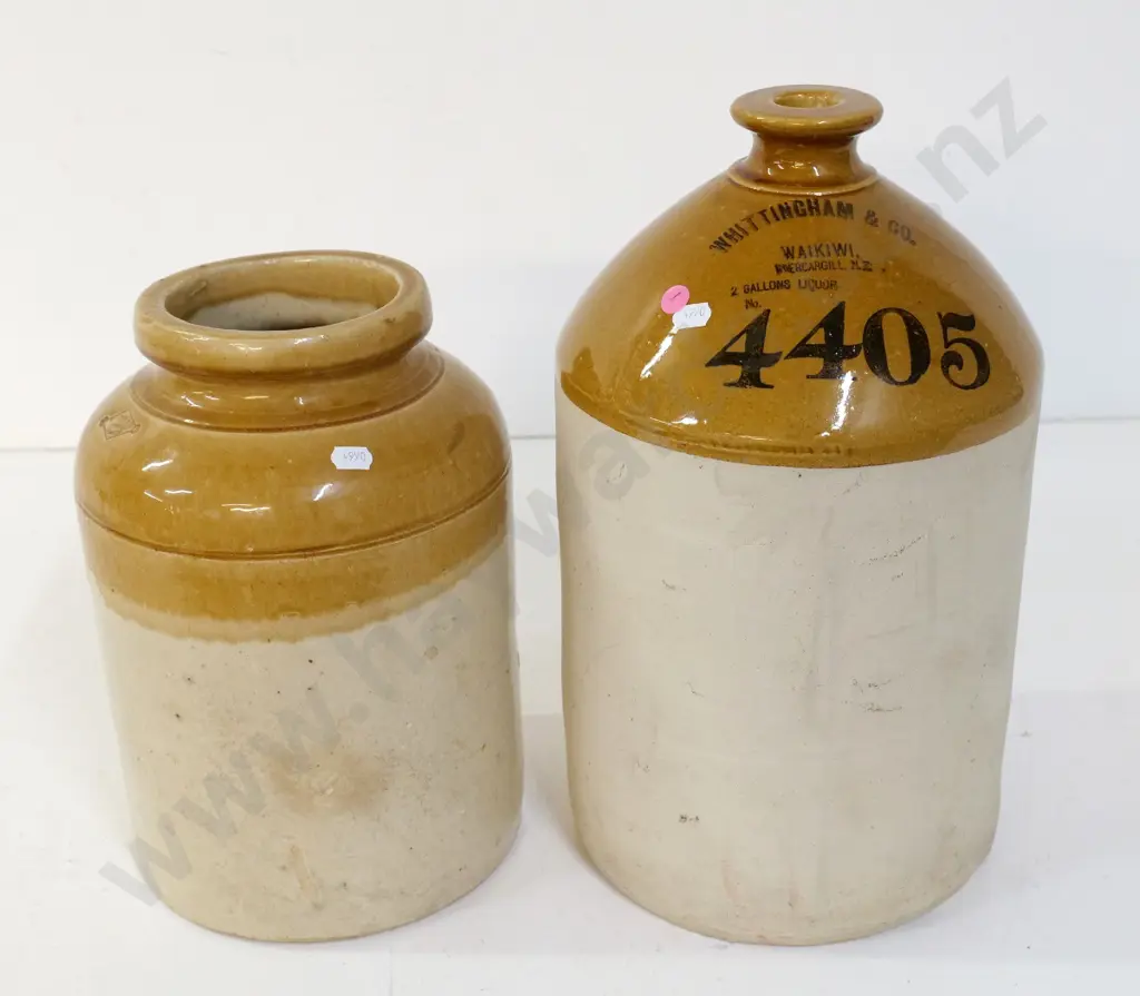 2 stoneware crocks - 2 gal marked Whittingham and Co. Waikiwi Invercargill 4405 H400 & a Northern & Co Lambeth Image 1++