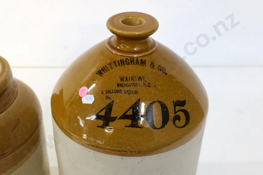 2 stoneware crocks - 2 gal marked Whittingham and Co. Waikiwi Invercargill 4405 H400 & a Northern & Co Lambeth Image 1++