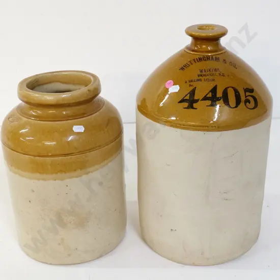 2 stoneware crocks - 2 gal marked Whittingham and Co. Waikiwi Invercargill 4405 H400 & a Northern & Co Lambeth