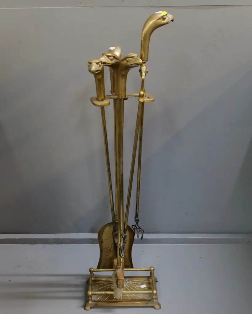 heavy cast brass fireside set - eagle head motif, 5 pieces plus stand, H-880, tongs a little twisted Image 1++