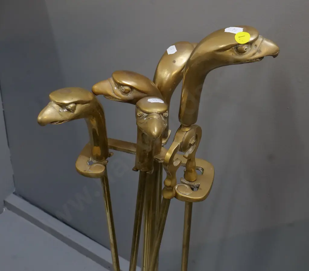 heavy cast brass fireside set - eagle head motif, 5 pieces plus stand, H-880, tongs a little twisted Image 1++