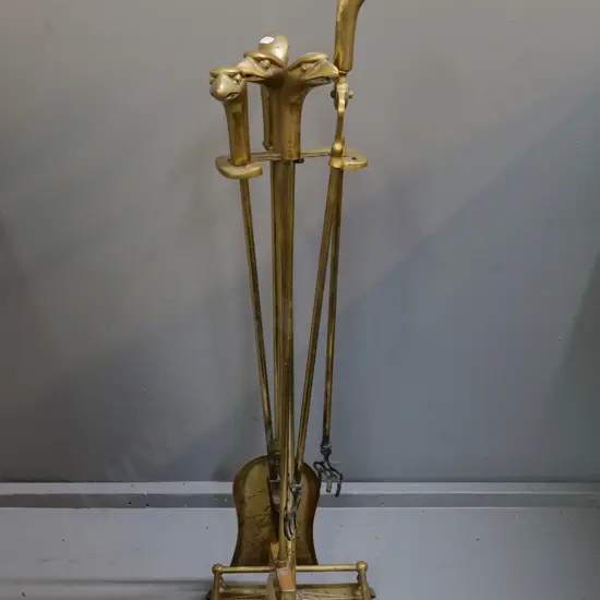 heavy cast brass fireside set - eagle head motif, 5 pieces plus stand, H-880, tongs a little twisted