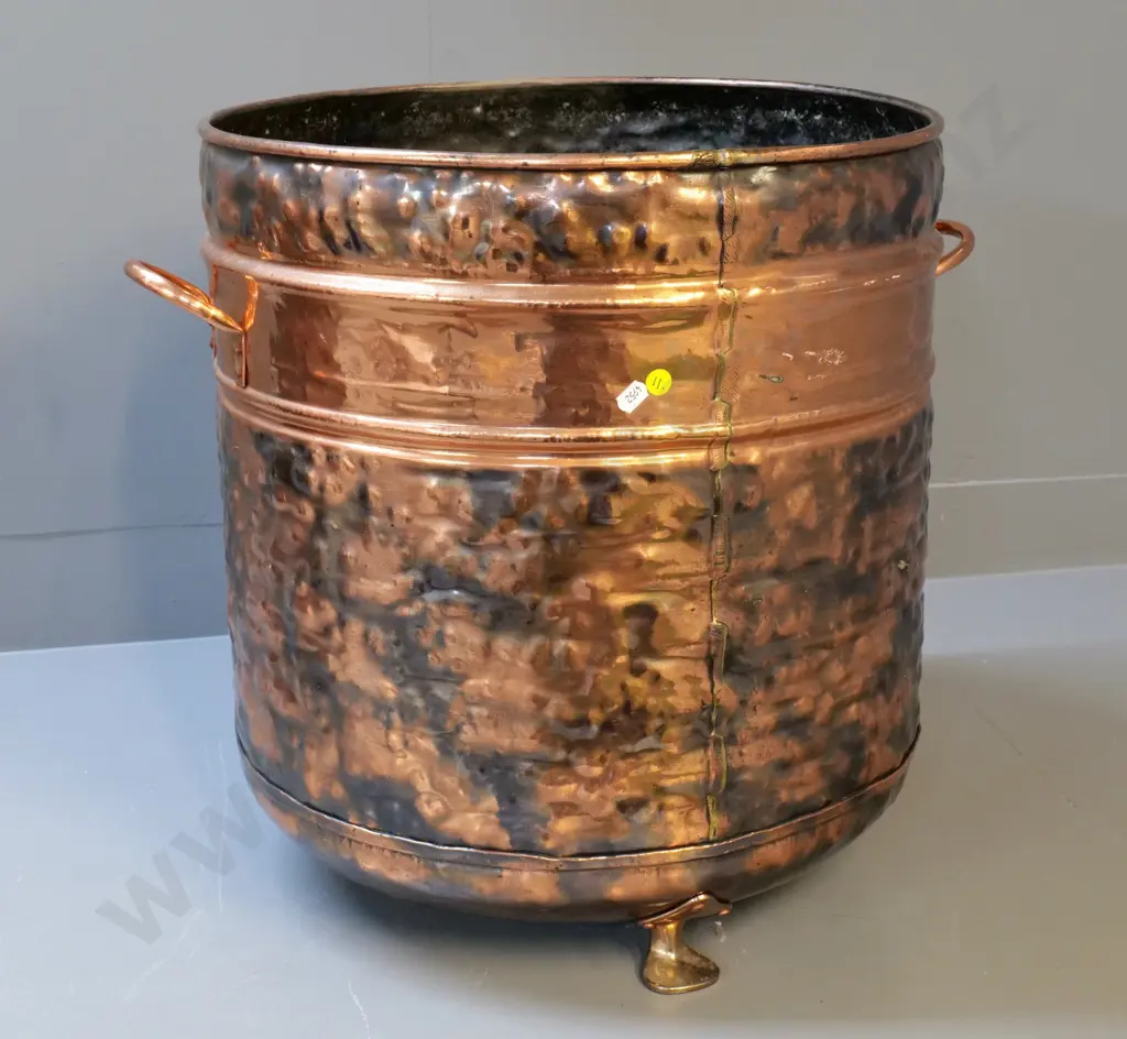 beaten copper wood bin with copper handles, on 3 brass feet H-490 Diameter 440 (slightly oval) Image 1++