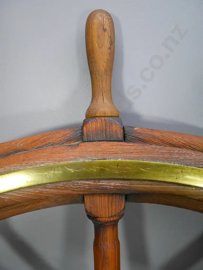 very large vintage ship's wheel with brass hub and band, modern wall mounting bracket - one 'handle' off D1760 Image 1++