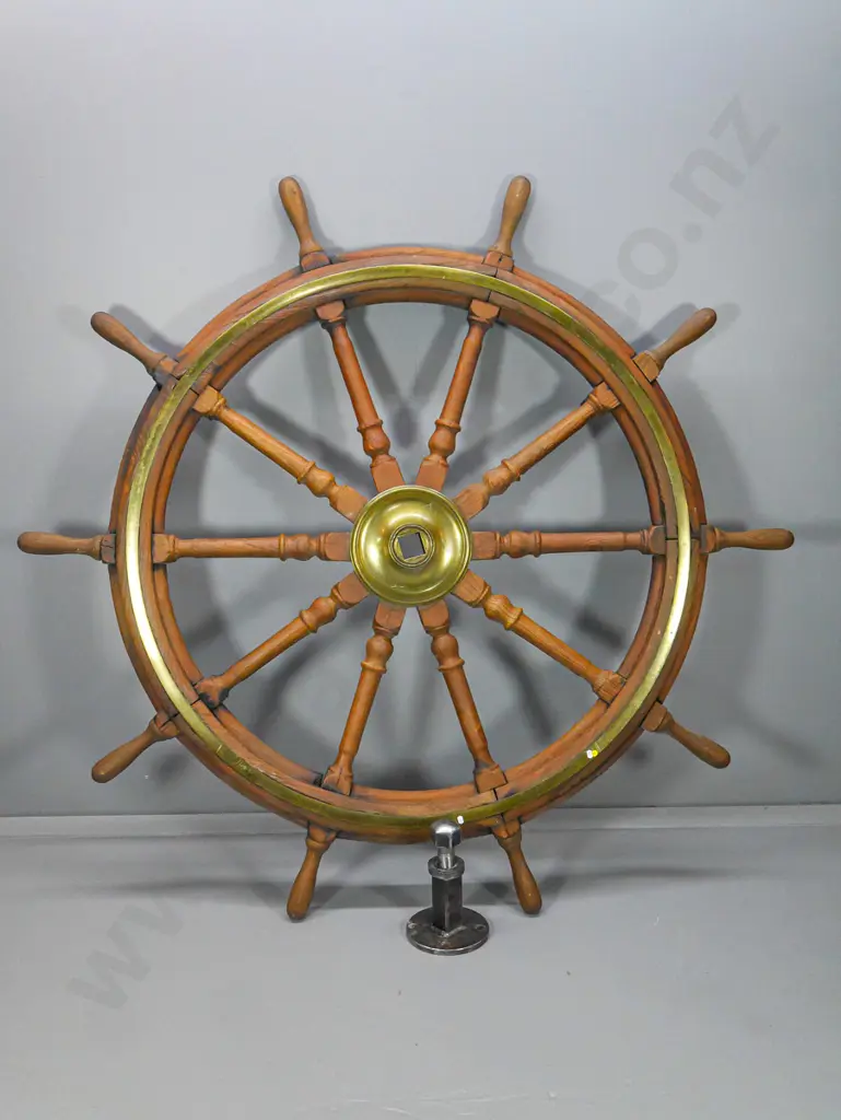 very large vintage ship's wheel with brass hub and band, modern wall mounting bracket - one 'handle' off D1760 Image 1++
