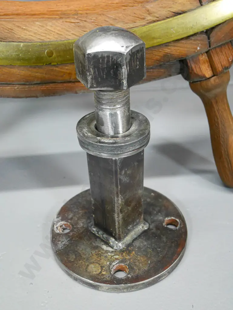 very large vintage ship's wheel with brass hub and band, modern wall mounting bracket - one 'handle' off D1760 Image 1++