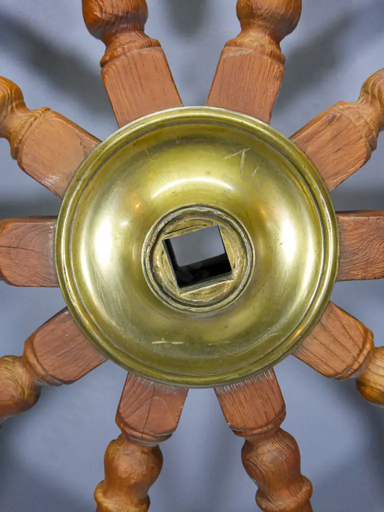 very large vintage ship's wheel with brass hub and band, modern wall mounting bracket - one 'handle' off D1760 Image 1++