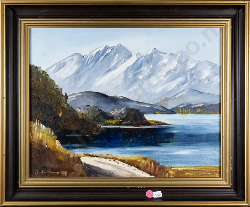 Hilda Rivers - framed oil on board - lake and mountain scene. Small flaking and stains. H265 W345 Image 1++
