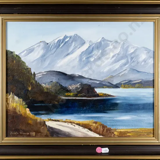 Hilda Rivers - framed oil on board - lake and mountain scene. Small flaking and stains. H265 W345