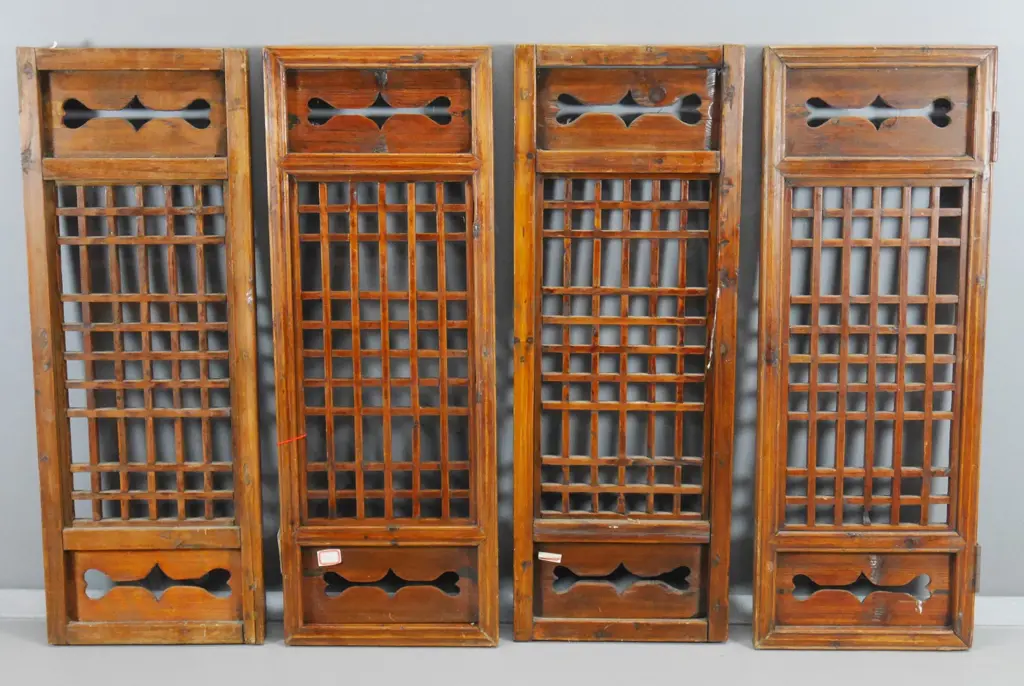 set of 4 vintage Chinese window shutters - some restored parts, 2 have hinges - each H-960 W-350 Image 1++