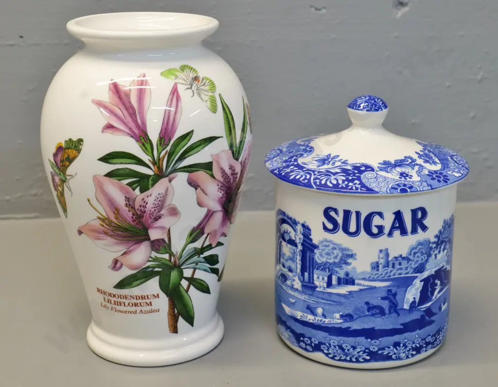 Portmeirion Botanic Garden vase H-220 and a lidded Spode Blue Italian sugar canister Image 1++